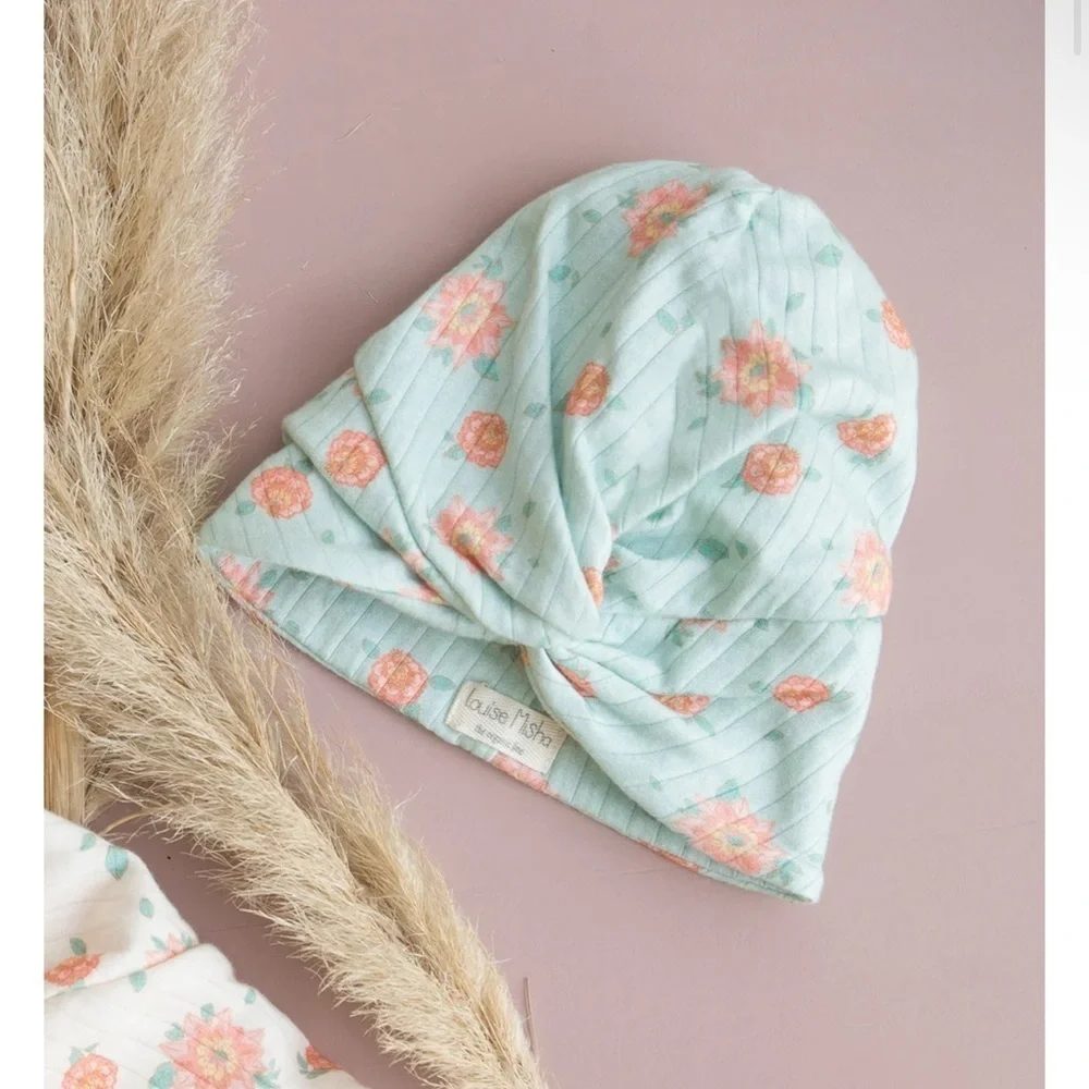 Cute Floral Kids Beanie - Light Blue and Peach by Louise Misha